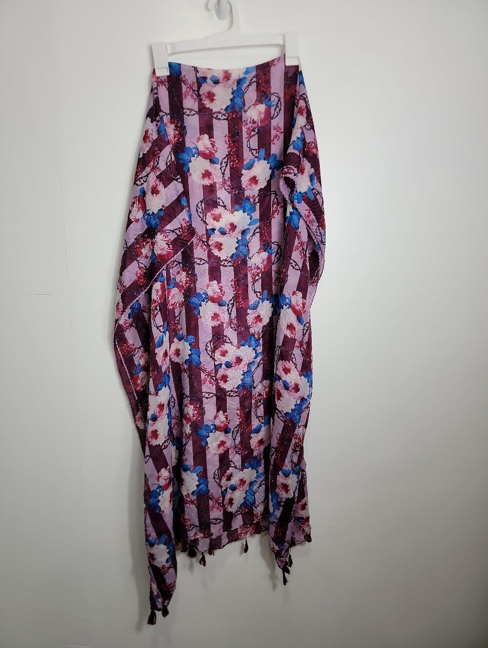 Pink Maroon Blue White Floral & Stripes Semi-Sheer Rectangle Scarf